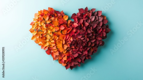 Vibrant orange and red leaves form a heart shape, creating a visually striking display against a blue background that radiates warmth and affection