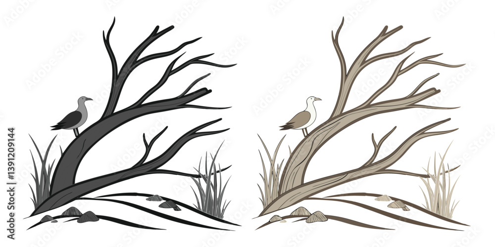 Obraz premium Driftwood Sculpture on a branch silhouette, a natural vector illustration black & white with coloring of spring leaves on an old tree
