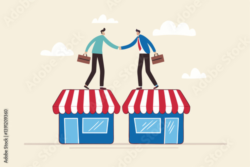 B2B, business to business sale agreement, enterprise commerce, contractor or supplier trade between company concept, businessman owner handshake on enterprise shop for B2B agreement.
