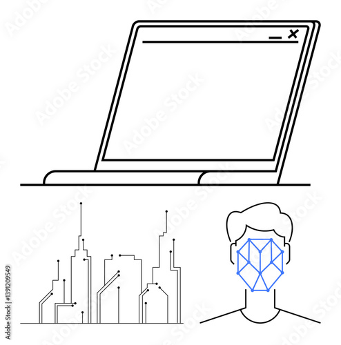 Laptop window, geometric face recognition pattern, and smart city elements with connected lines. Ideal for AI, machine learning, technology, urban innovation, cybersecurity data future trends. Flat