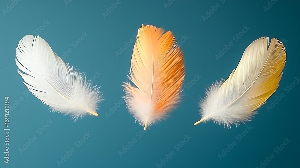Naklejka premium Three Delicate Feathers Against Teal Background