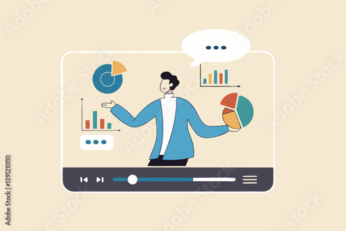 Explainer video online tutorial or training course, expertise explaining business strategy online, movie or education video clip, businessman expert explain business pie chart in video interface.