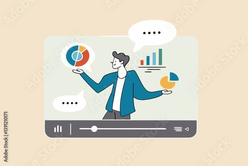 Explainer video online tutorial or training course, expertise explaining business strategy online, movie or education video clip, businessman expert explain business pie chart in video interface.