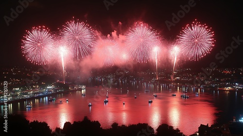 Red fireworks display over water at night. photo
