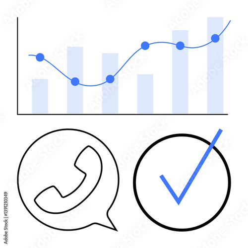 Bar chart with growth line, phone in speech bubble, and checkmark in circle. Ideal for business, success, communication, analytics, data tracking client service validation. Flat simple metaphor