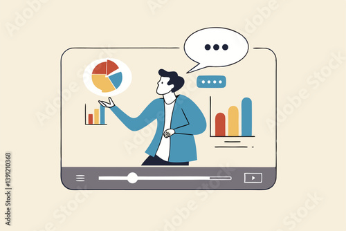 Explainer video online tutorial or training course, expertise explaining business strategy online, movie or education video clip, businessman expert explain business pie chart in video interface.