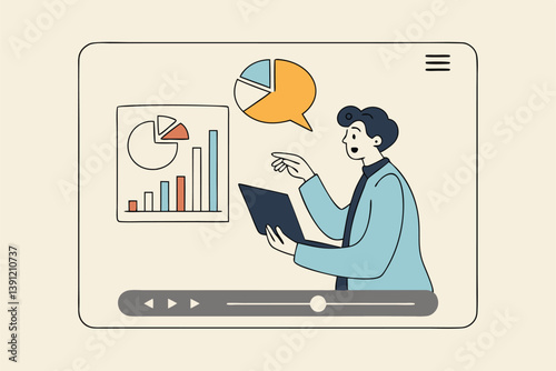 Explainer video online tutorial or training course, expertise explaining business strategy online, movie or education video clip, businessman expert explain business pie chart in video interface.