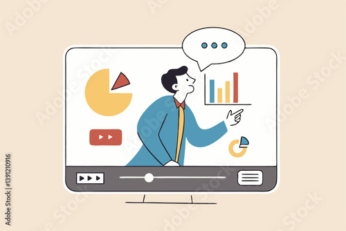 Explainer video online tutorial or training course, expertise explaining business strategy online, movie or education video clip, businessman expert explain business pie chart in video interface.