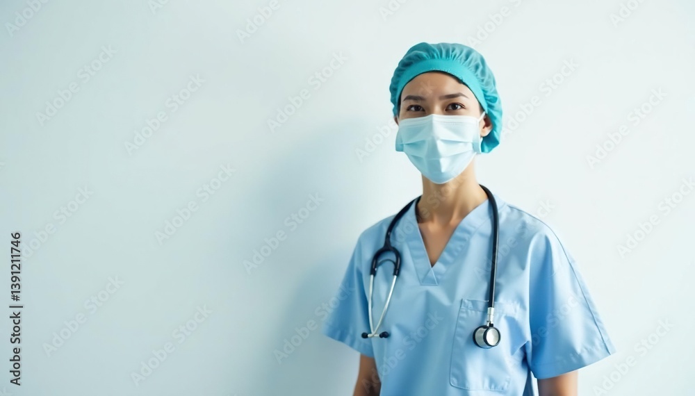 A single vet, in scrubs, against a pure white backdrop , veterinary technician, care A single vet, in scrubs, against a pure white backdrop , veterinary technician, care