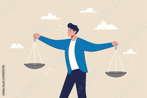 Comparison advantage and disadvantage, integrity or honest truth, pros and cons or measurement, judge or ethical, decision or balance concept, businessman comparing scale to be equal, fair measuring.