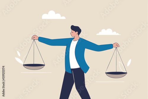Comparison advantage and disadvantage, integrity or honest truth, pros and cons or measurement, judge or ethical, decision or balance concept, businessman comparing scale to be equal, fair measuring.