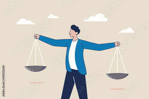 Comparison advantage and disadvantage, integrity or honest truth, pros and cons or measurement, judge or ethical, decision or balance concept, businessman comparing scale to be equal, fair measuring.