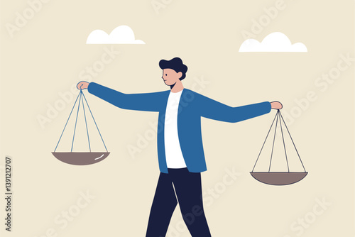 Comparison advantage and disadvantage, integrity or honest truth, pros and cons or measurement, judge or ethical, decision or balance concept, businessman comparing scale to be equal, fair measuring.