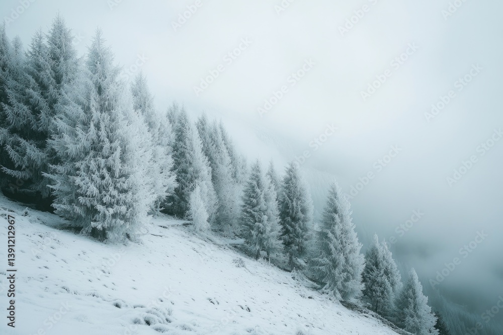 Obraz premium Foggy forest with snow-covered trees