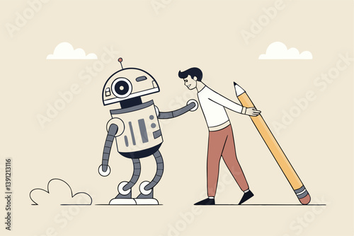 AI Artificial Intelligence work with human, robot or automation to help success, robot to replace human employment, job uncertainty concept, frustrated businessman working with pencil with AI robot.