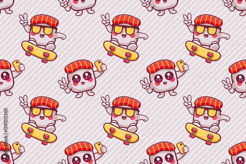cheerful sushi food character seamless pattern illustration background