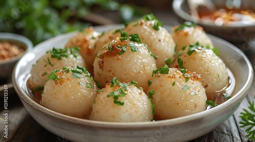 Burmese mont lone yay baw sticky rice balls jaggery filling served in a white bowl