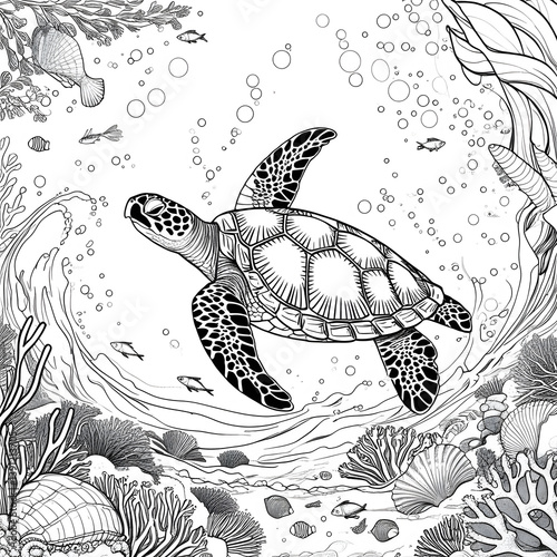 This beautiful sea turtle coloring page captures the grace and elegance of a majestic ocean creature. The detailed patterns on its shell make this illustration perfect for creative coloring
