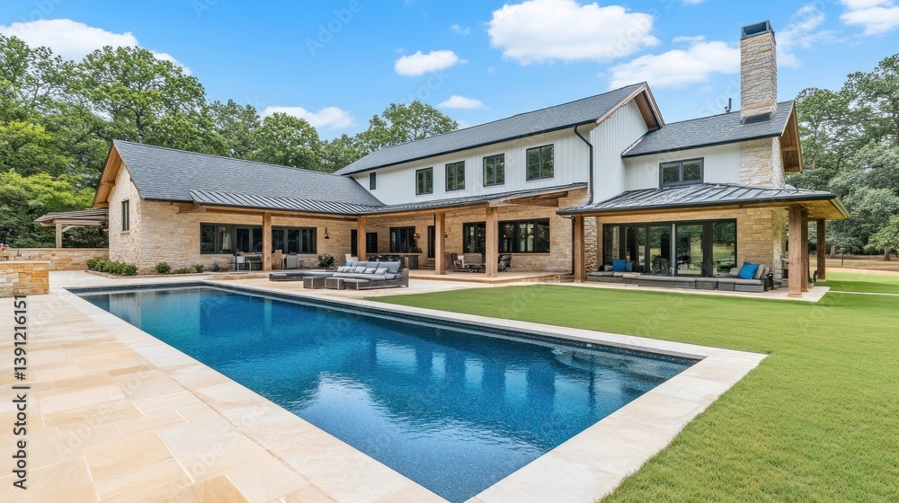 Fototapeta premium Large luxury home with a pool and landscaped exterior design