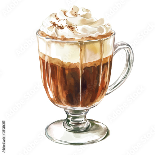 Irish Coffee A Beautifully Detailed, watercolor vector, isolated on a white background.