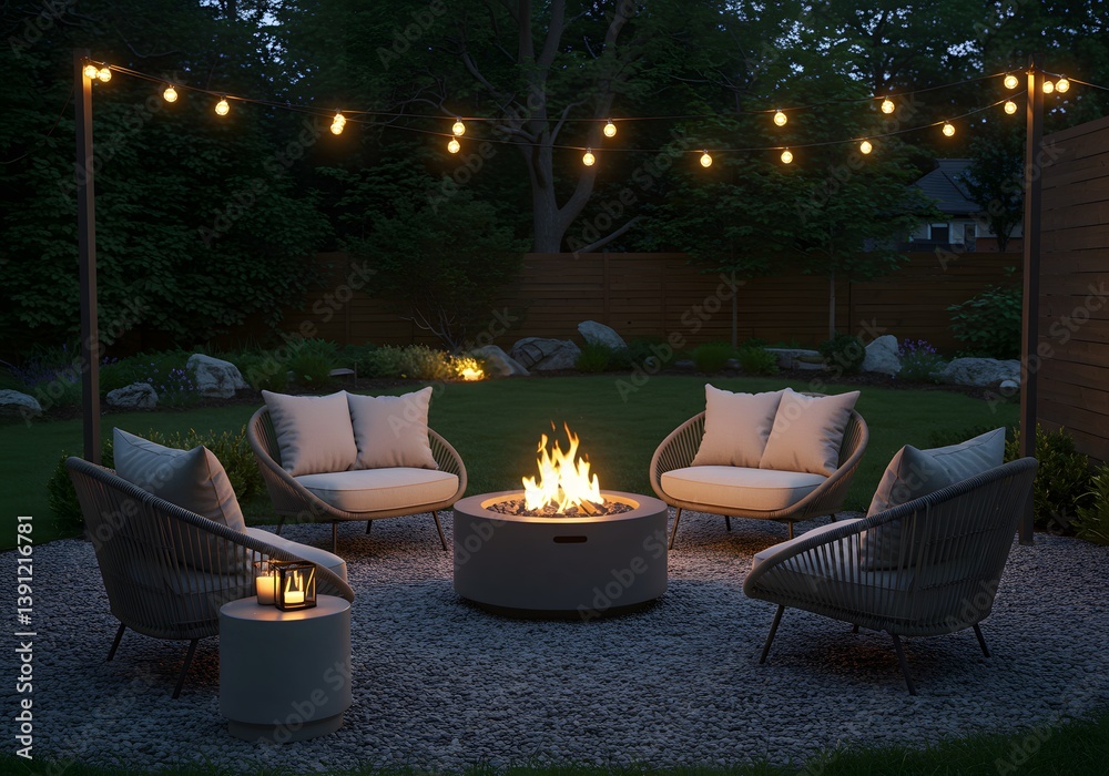 round wicker chairs, soft cushions, Fire pit is burning during the summer evening with designers relaxing in chairs around it, string lights, evening ambiance, lush green garden, contemporary design