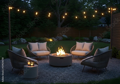 Obraz na płótnie round wicker chairs, soft cushions, Fire pit is burning during the summer evening with designers relaxing in chairs around it, string lights, evening ambiance, lush green garden, contemporary design w salonie