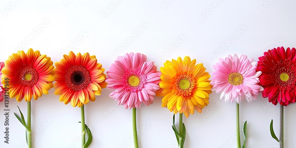 A border of vibrant gerbera flowers on a white background, Generative AI. A border of vibrant gerbera flowers on a white background, Generative AI.