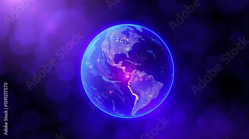 Wallpaper Mural Celestial Sphere: A mesmerizing digital artwork presents planet earth, rendered as a luminous globe amidst a cosmic void, showcasing continents illuminated with vibrant light. Torontodigital.ca