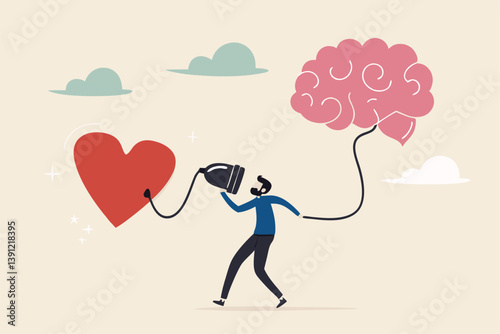 Emotional Intelligence, EI or control feeling and emotion with logical thinking brain, empathy or social skill, self control or balance concept, man connect heart feeling with logical thinking brain.