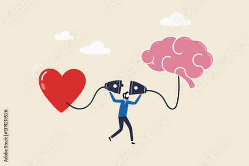 Emotional Intelligence, EI or control feeling and emotion with logical thinking brain, empathy or social skill, self control or balance concept, man connect heart feeling with logical thinking brain.