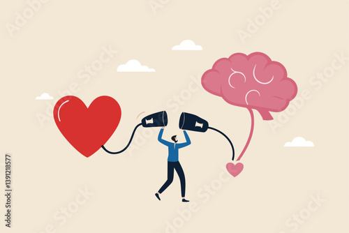 Emotional Intelligence, EI or control feeling and emotion with logical thinking brain, empathy or social skill, self control or balance concept, man connect heart feeling with logical thinking brain.