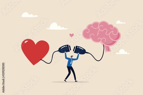 Emotional Intelligence, EI or control feeling and emotion with logical thinking brain, empathy or social skill, self control or balance concept, man connect heart feeling with logical thinking brain.