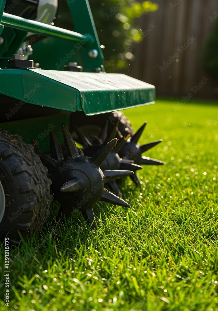 lush green grass, sunlit lawn, Garden roller aerator perforating grass turf for improved drainage and root growth, garden maintenance, soil core samples, landscaping equipment, metallic texture,
