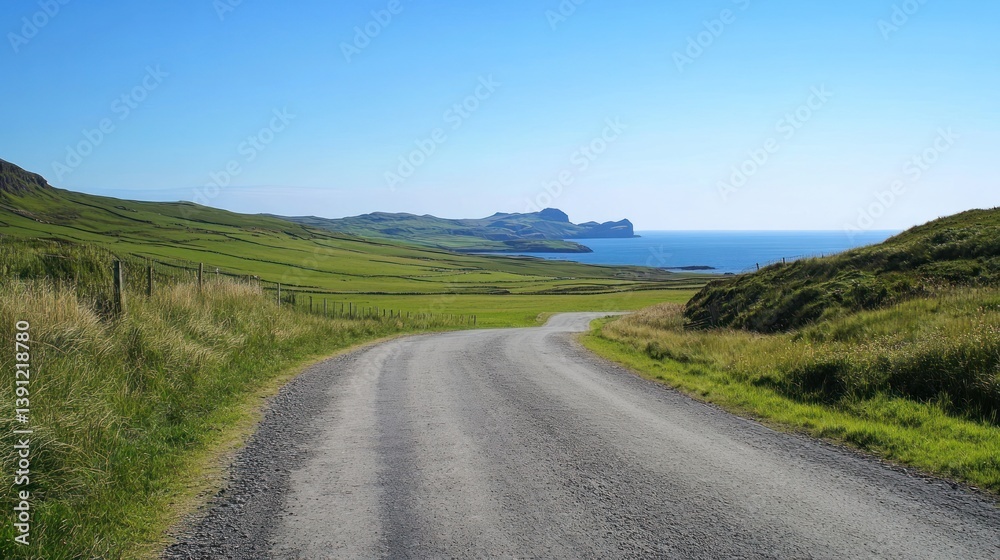 Fototapeta premium Winding coastal road through green hills and ocean views under a clear blue sky.