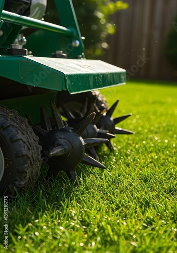 Obraz na płótnie lush green grass, sunlit lawn, Garden roller aerator perforating grass turf for improved drainage and root growth, garden maintenance, soil core samples, landscaping equipment, metallic texture, w salonie