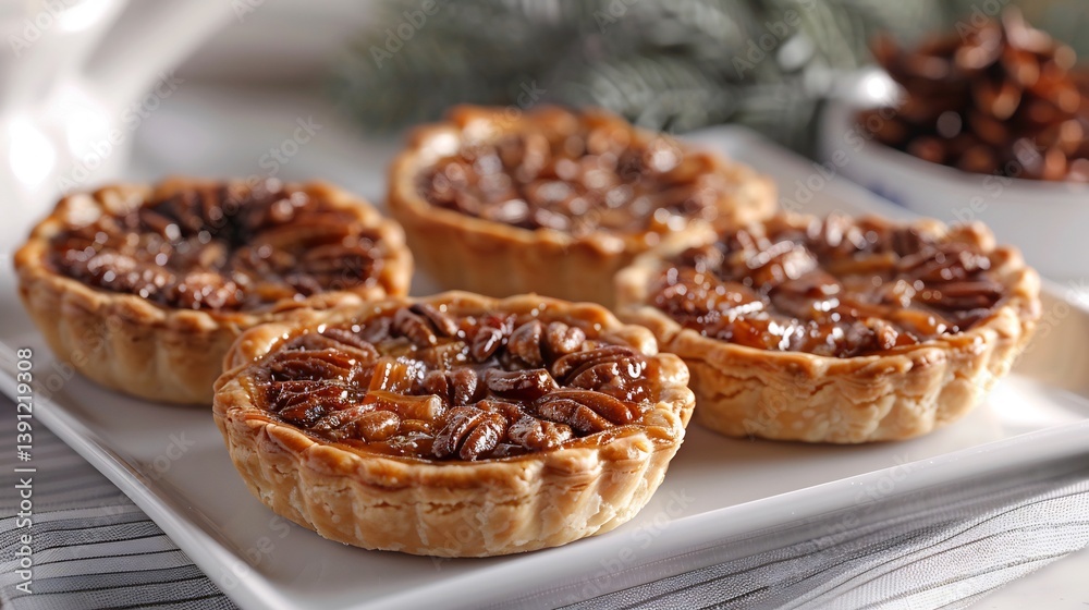 Canadian butter tarts flaky crust and gooey filling neatly placed on a white ceramic plate Canadian butter tarts flaky crust and gooey filling neatly placed on a white ceramic plate