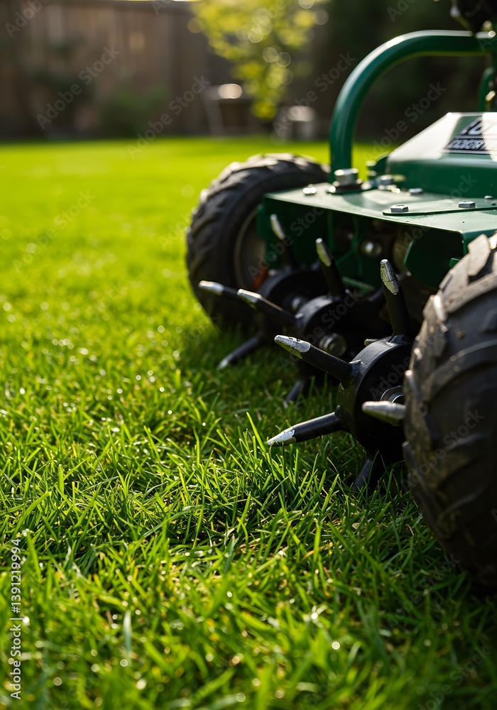 lush green grass, sunlit lawn, Garden roller aerator perforating grass turf for improved drainage and root growth, garden maintenance, soil core samples, landscaping equipment, metallic texture,