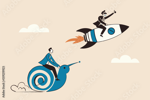 Boost fast speed to win business competition, high performance employee, competitive advantage winner, innovation or skill to success concept, businessman winner riding rocket, another on slow snail.