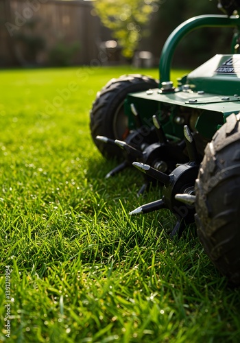 Obraz na płótnie lush green grass, sunlit lawn, Garden roller aerator perforating grass turf for improved drainage and root growth, garden maintenance, soil core samples, landscaping equipment, metallic texture, w salonie