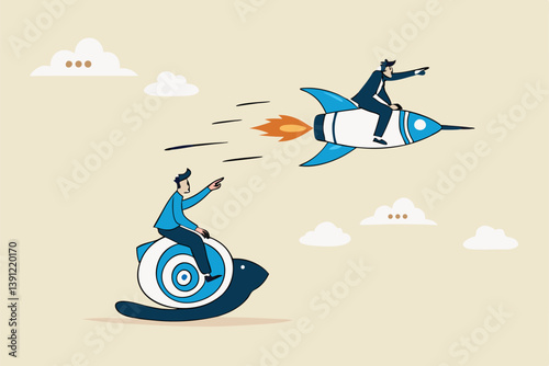 Boost fast speed to win business competition, high performance employee, competitive advantage winner, innovation or skill to success concept, businessman winner riding rocket, another on slow snail.
