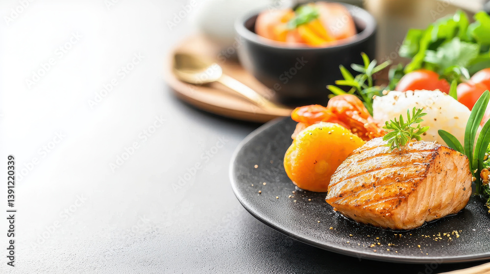 Delicious grilled salmon served with colorful vegetables and garnished with herbs, creating vibrant and healthy meal Delicious grilled salmon served with colorful vegetables and garnished with herbs, creating vibrant and healthy meal