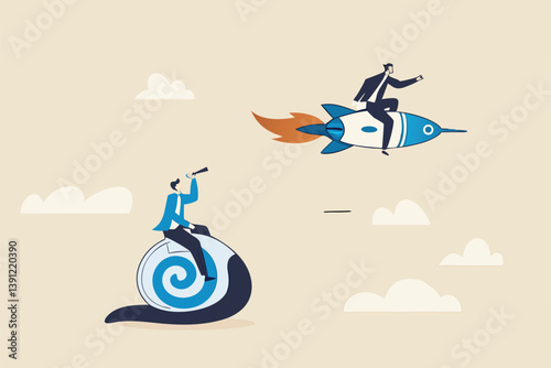 Boost fast speed to win business competition, high performance employee, competitive advantage winner, innovation or skill to success concept, businessman winner riding rocket, another on slow snail.