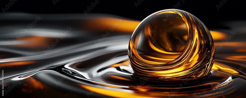 A mesmerizing close-up of a golden droplet floating on liquid surface. A mesmerizing close-up of a golden droplet floating on liquid surface.