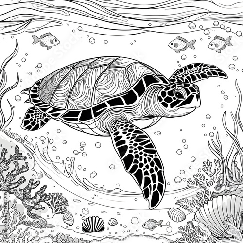 This beautiful sea turtle coloring page captures the grace and elegance of a majestic ocean creature. The detailed patterns on its shell make this illustration perfect for creative coloring