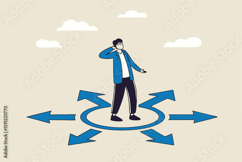 Choose career path, make life decision choice, decide the right or wrong direction, opportunity challenge, confusion or thinking to find the way concept, confused businessman choosing direction.