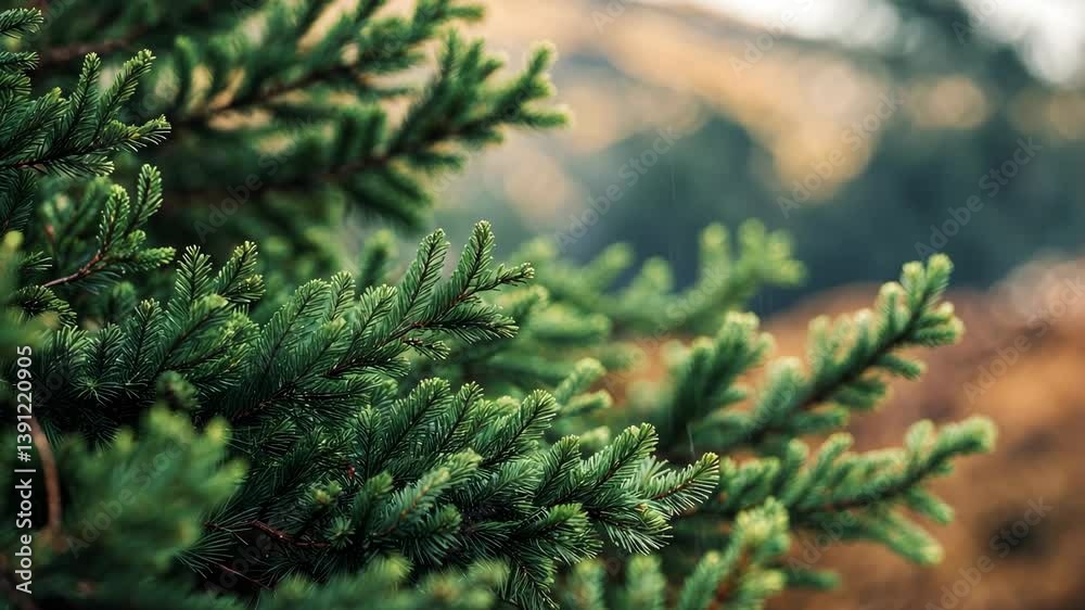 In the foreground, whispering pines display their lively evergreen needles, set against a blurred backdrop of a vast area bathed in natural light.