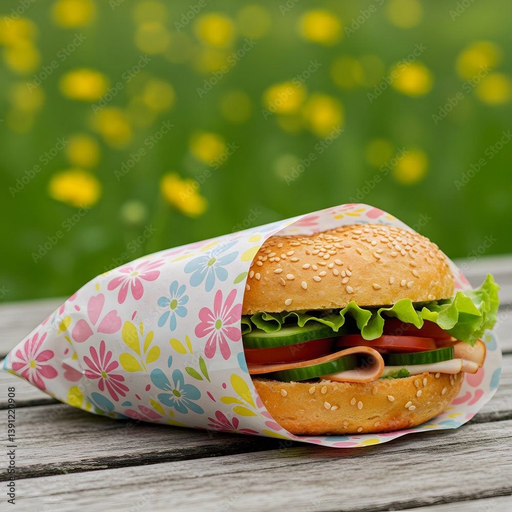 Reusable beeswax food wraps are keeping a sandwich fresh outdoors on a wooden table, outdoor picnic setting, Colorful sandwich wrap, fresh vegetables,