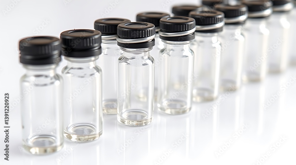 Medical Vials in Focus: A sterile row of transparent vials with black caps, meticulously arranged, symbolizing health, medicine, and scientific precision. Medical Vials in Focus: A sterile row of transparent vials with black caps, meticulously arranged, symbolizing health, medicine, and scientific precision.