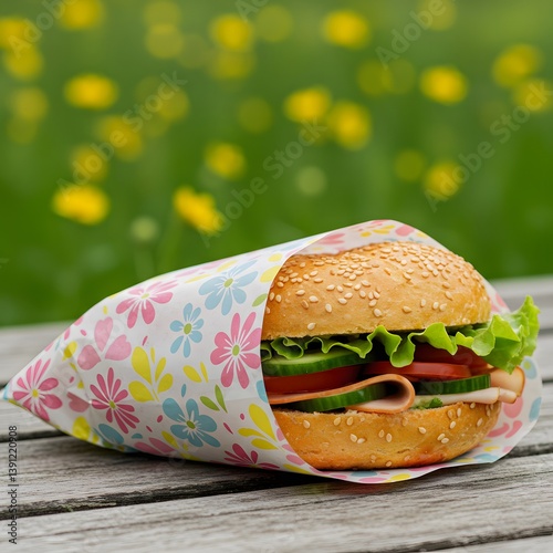Obraz na płótnie Reusable beeswax food wraps are keeping a sandwich fresh outdoors on a wooden table, outdoor picnic setting, Colorful sandwich wrap, fresh vegetables, w salonie