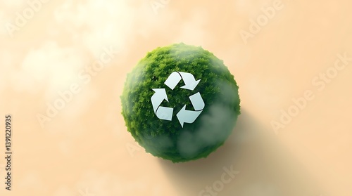 Earth's Embrace: A verdant miniature Earth, adorned with a recycle symbol, floats gently amid fluffy clouds, symbolizing the union of nature and environmental care. photo